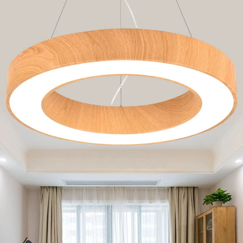 Helle Holz-Kreis-Pendelleuchte, minimalistischer Metall-LED-Kronleuchter für Besprechungsräume pour décoration de Noël