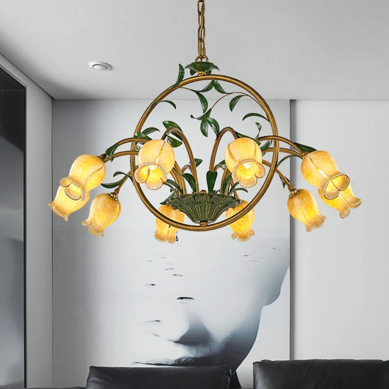 Lampe à lave Metall-Tulpen-Deckenleuchter, romantisch, pastoral, 6/8/10 Glühbirnen, Wohnzimmer, LED-Hängeleuchte Messing