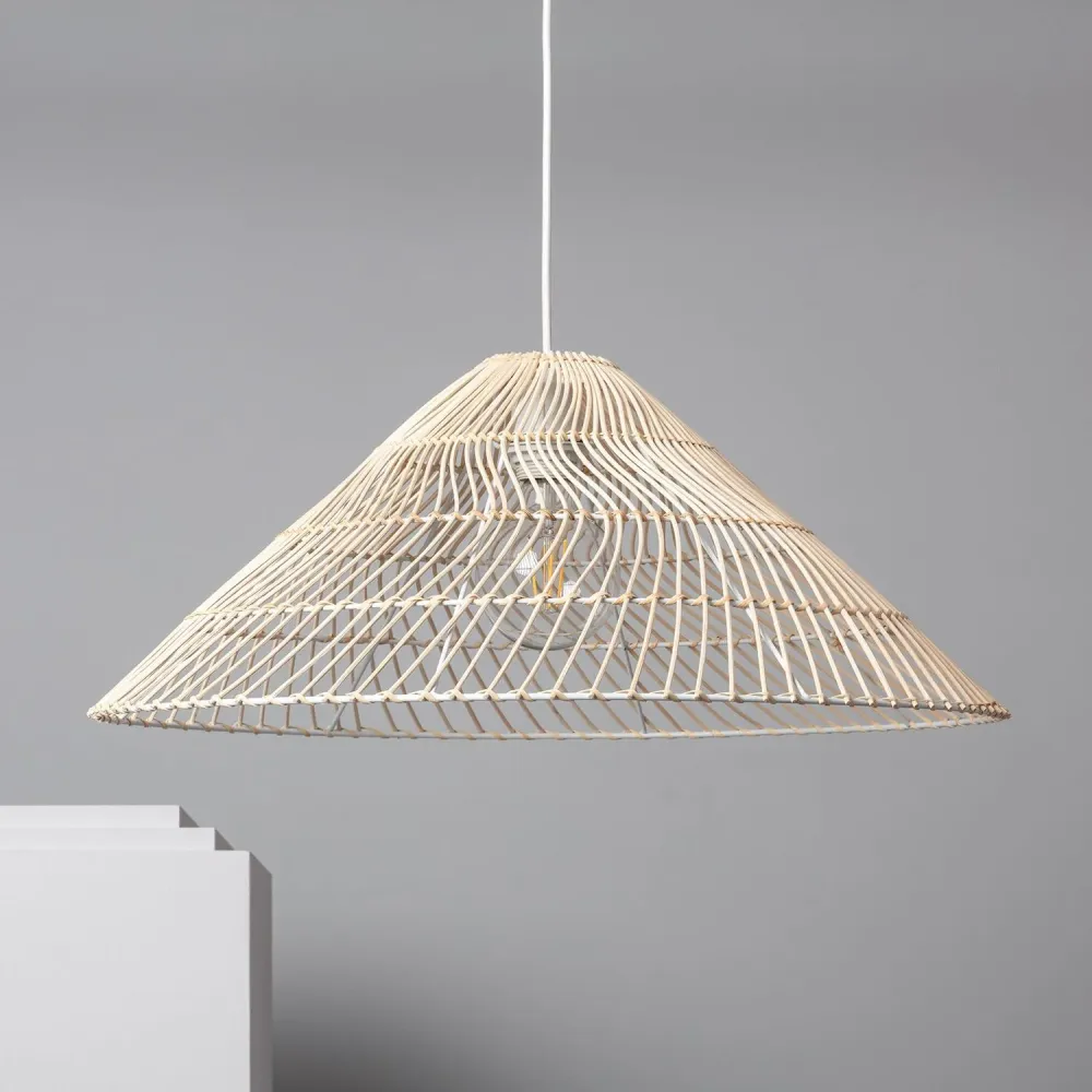Luminaire en rotin pour éclairage LED, modèle Keops. avec base en bois