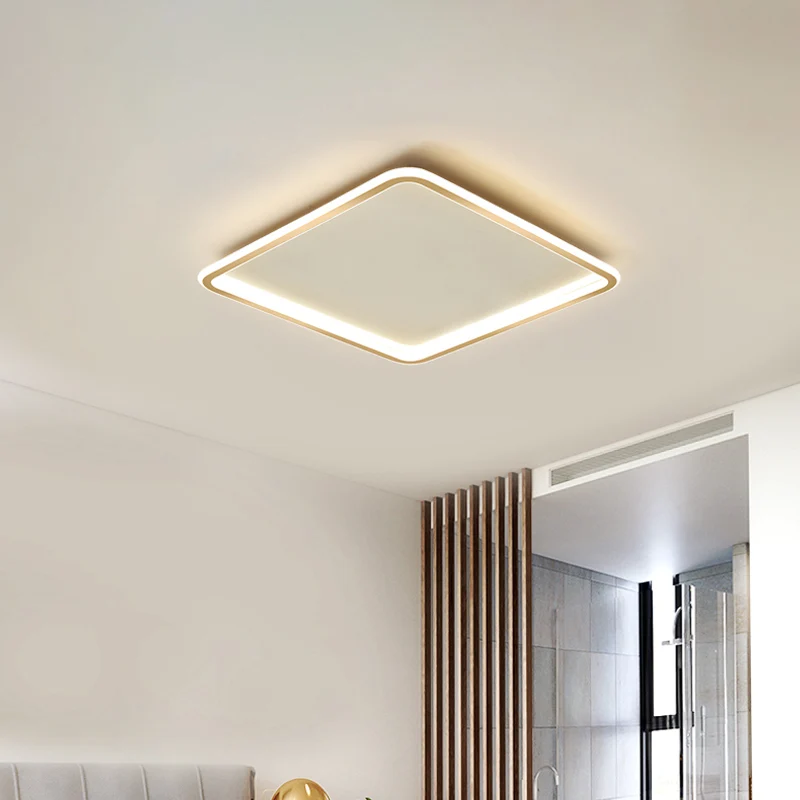 Lustre à cristaux Plafonnier carré extra fin doré, plafonnier LED minimaliste en acrylique, lumière blanche chaude/blanche...