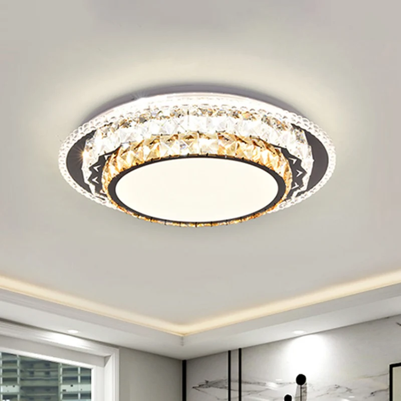 Lustre à cristaux Plafonnier encastré contemporain en cristal à LED rond pour chambre à coucher en acier inoxydable