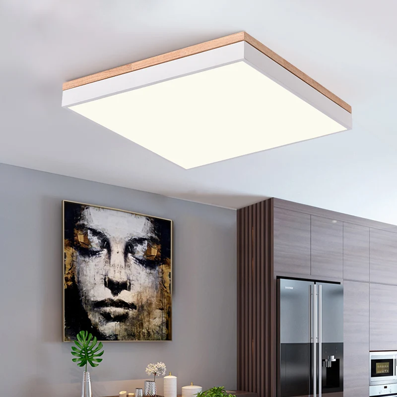 Quadratische Wohnzimmer-Deckenleuchte, nordische, stilvolle LED-Unterputzleuchte aus Acryl und Holz Weiß, 16"/19,5" Breite...