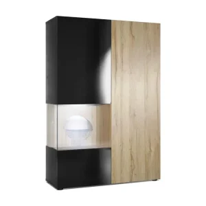 Vitrine Noir Mat, Brillant Et Optique Chêne Mat (lxhxp) : 91,5 X 136,5 X 37 Cm + LED avec base en bois