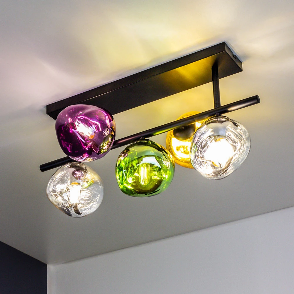 Design Contemporain Plafonnier Canopus, multicolore, à 5 lampes, verre, E14