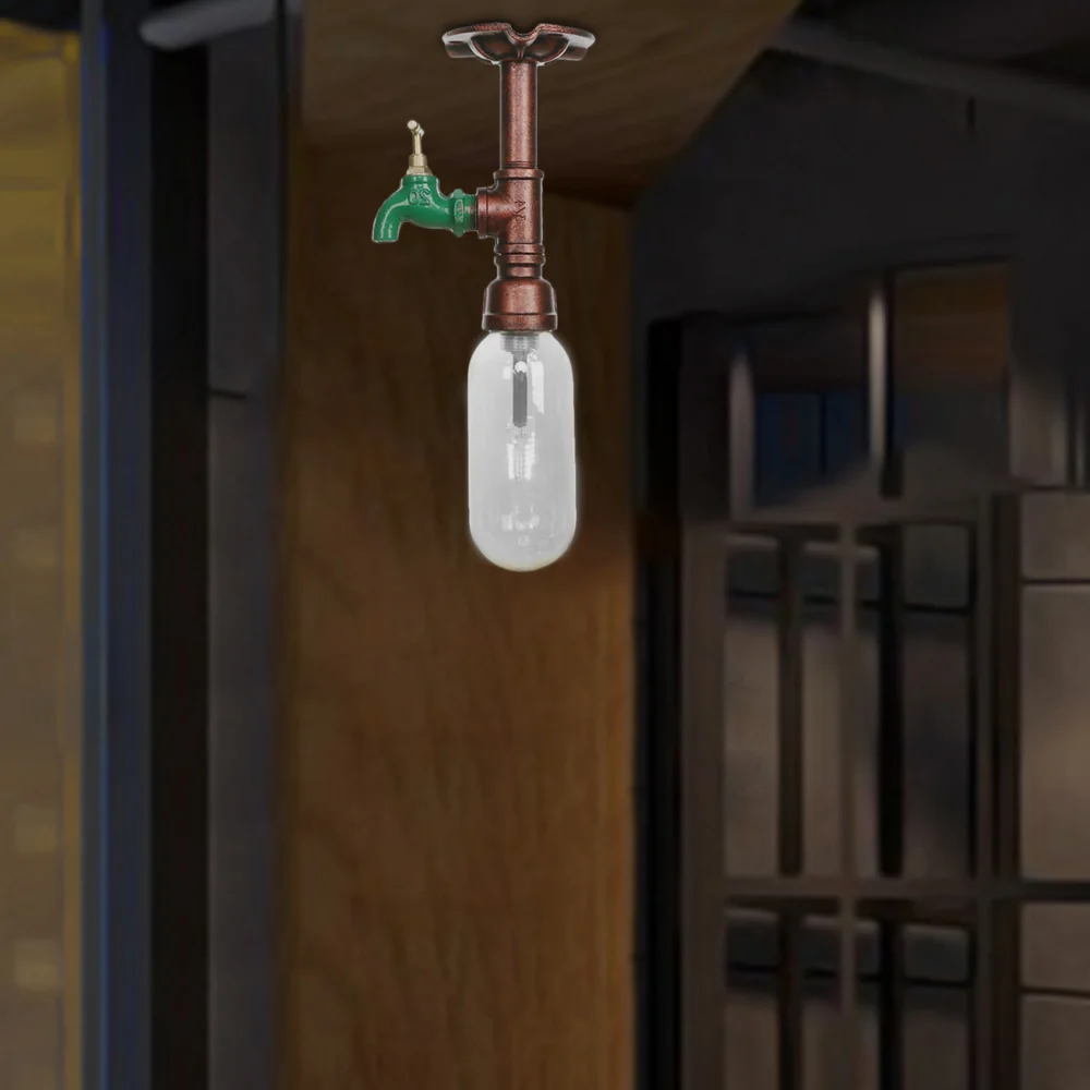 Haute Qualité Éclairage de plafond à lumière unique en cuivre patiné, abat-jour à capsule en verre voir à travers industri...
