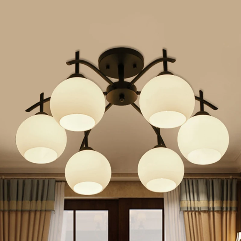Lampe de chevet Plafonnier semi-encastré typique en verre blanc Globe, 3/5/6 lumières, pour salon, noir