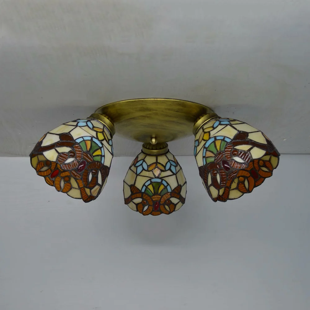 Plafonnier à abat-jour en forme de dôme avec motif victorien/méditerranéen/baroque, vitrail ancien, 3 lumières, plafonnier...