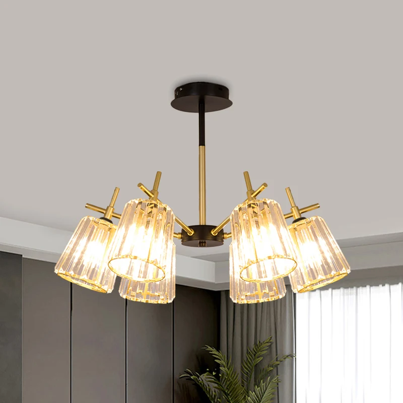 Plafonnier semi-encastré pour chambre à coucher minimaliste à 3/6 lumières avec abat-jour conique en bloc de cristal en or...