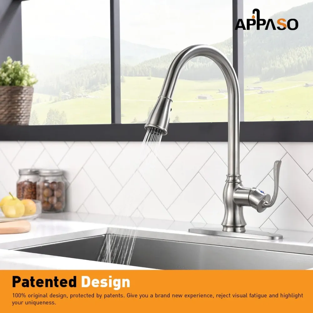 APPASO 198BN Swan-Neck Kitchen Faucet Satiné Nickel Single Handle Soap Dispenser