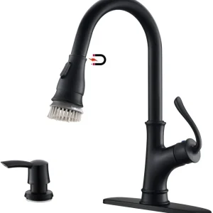 APPASO 159MB Kitchen Faucet Doux Black Pull Down Sprayer, Soap Dispenser and Brush
