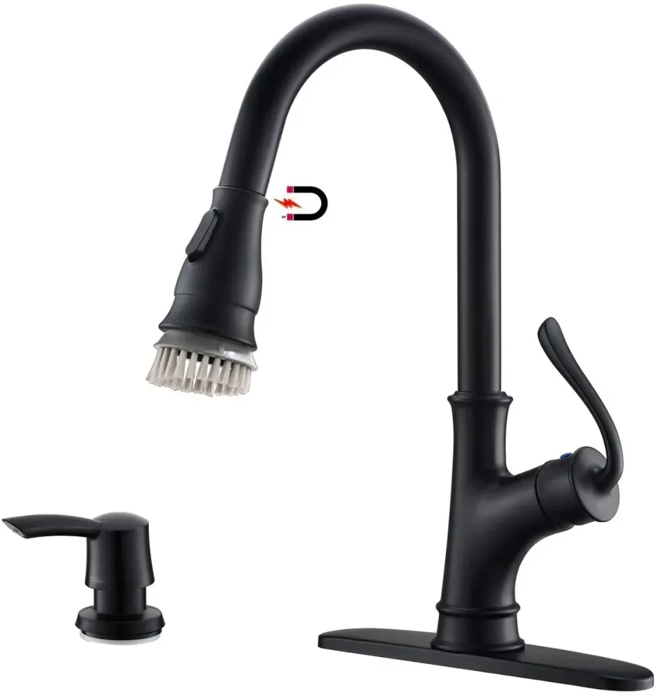 APPASO 159MB Kitchen Faucet Doux Black Pull Down Sprayer, Soap Dispenser and Brush