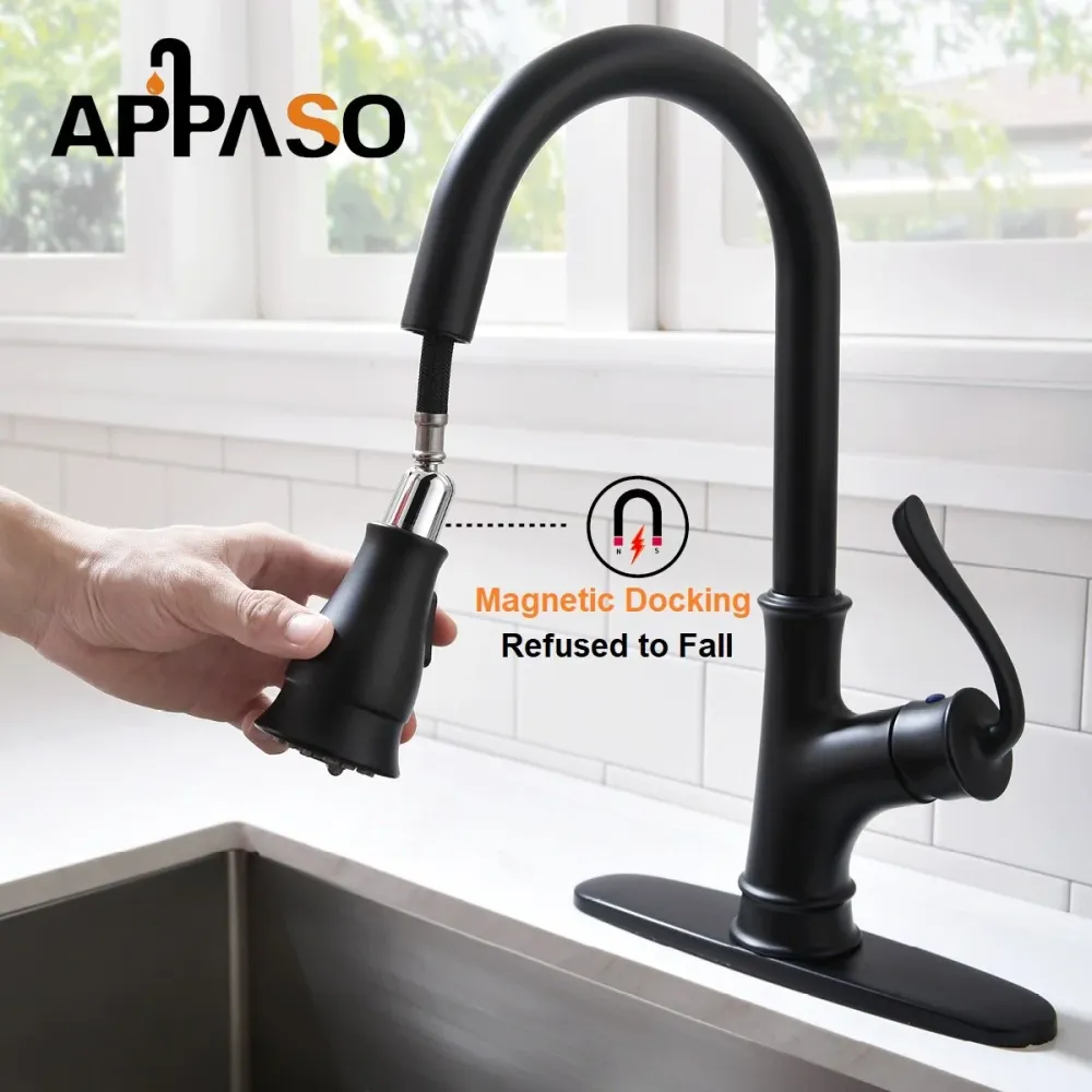 APPASO 159MB Kitchen Faucet Doux Black Pull Down Sprayer, Soap Dispenser and Brush