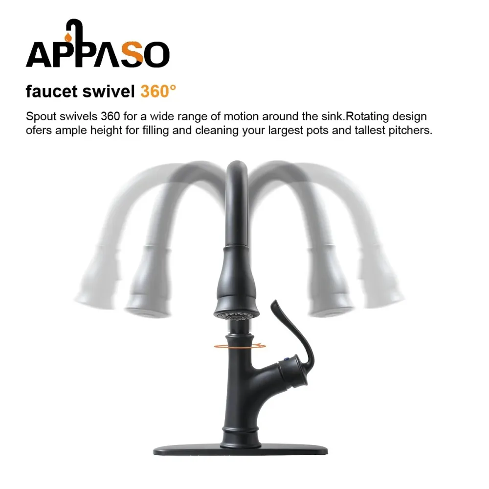 APPASO 159MB Kitchen Faucet Doux Black Pull Down Sprayer, Soap Dispenser and Brush