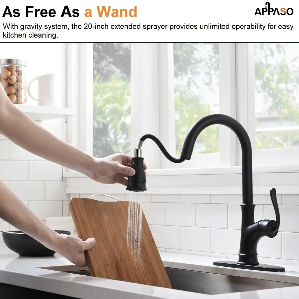 APPASO 159MB Kitchen Faucet Matte Noir jais Pull Down Sprayer, Soap Dispenser and Brush
