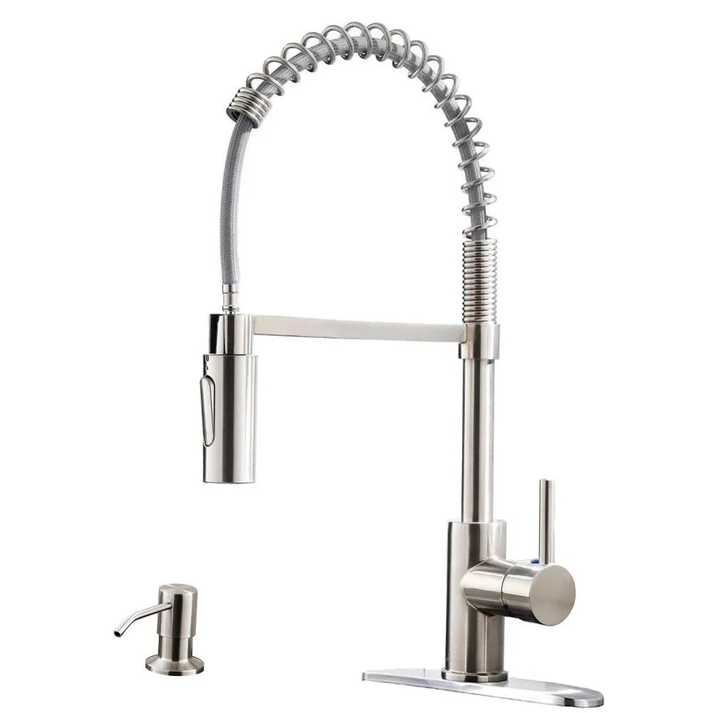 APPASO 163BN Modern Spring Commercial Pull Down Kitchen Faucet Mat Nickel Soap Dispenser
