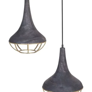 Lampe suspendue en bois de manguier noir et laiton BAGMATI avec diffuseur opale