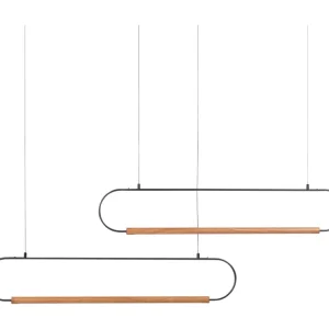 Lampe suspendue à 2 lumières LED en métal noir et bois évident LOGONE