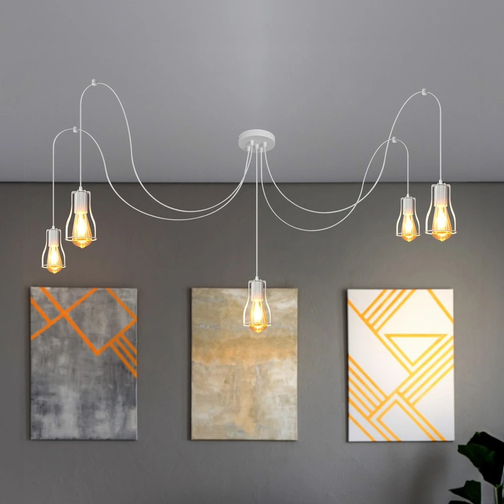 Luminaire de plafond design contemporain Suspension Tube Grand, blanc, métal, 5 lampes, E27