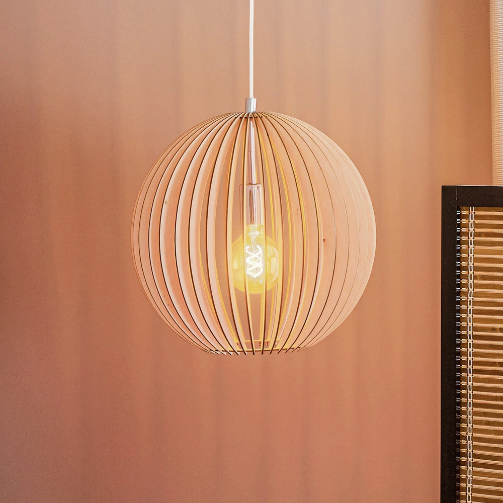 Luminaire de plafond encastrable Suspension Paz en lamelles bois Ø 42 cm, chromée