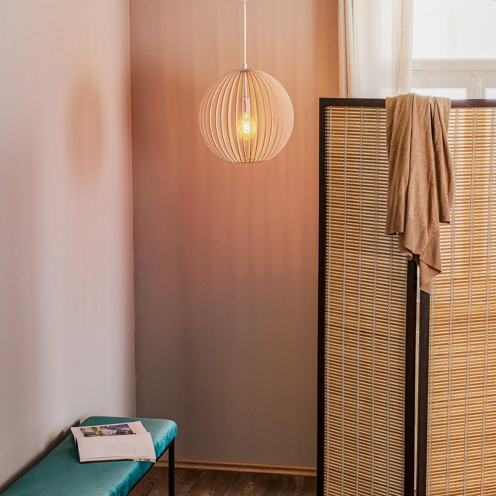 Luminaire de plafond encastrable Suspension Paz en lamelles bois Ø 42 cm, chromée