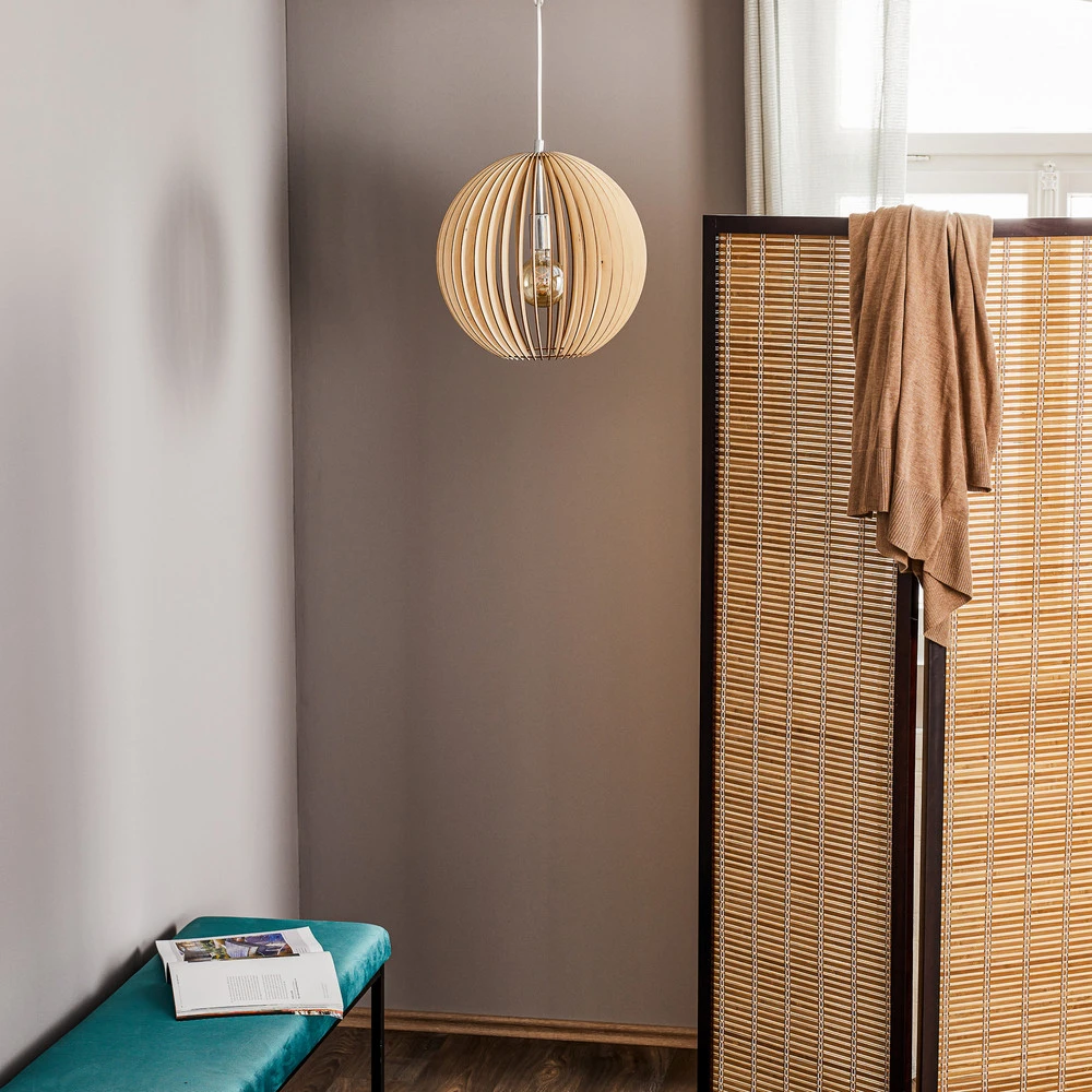 Luminaire de plafond encastrable Suspension Paz en lamelles bois Ø 42 cm, chromée