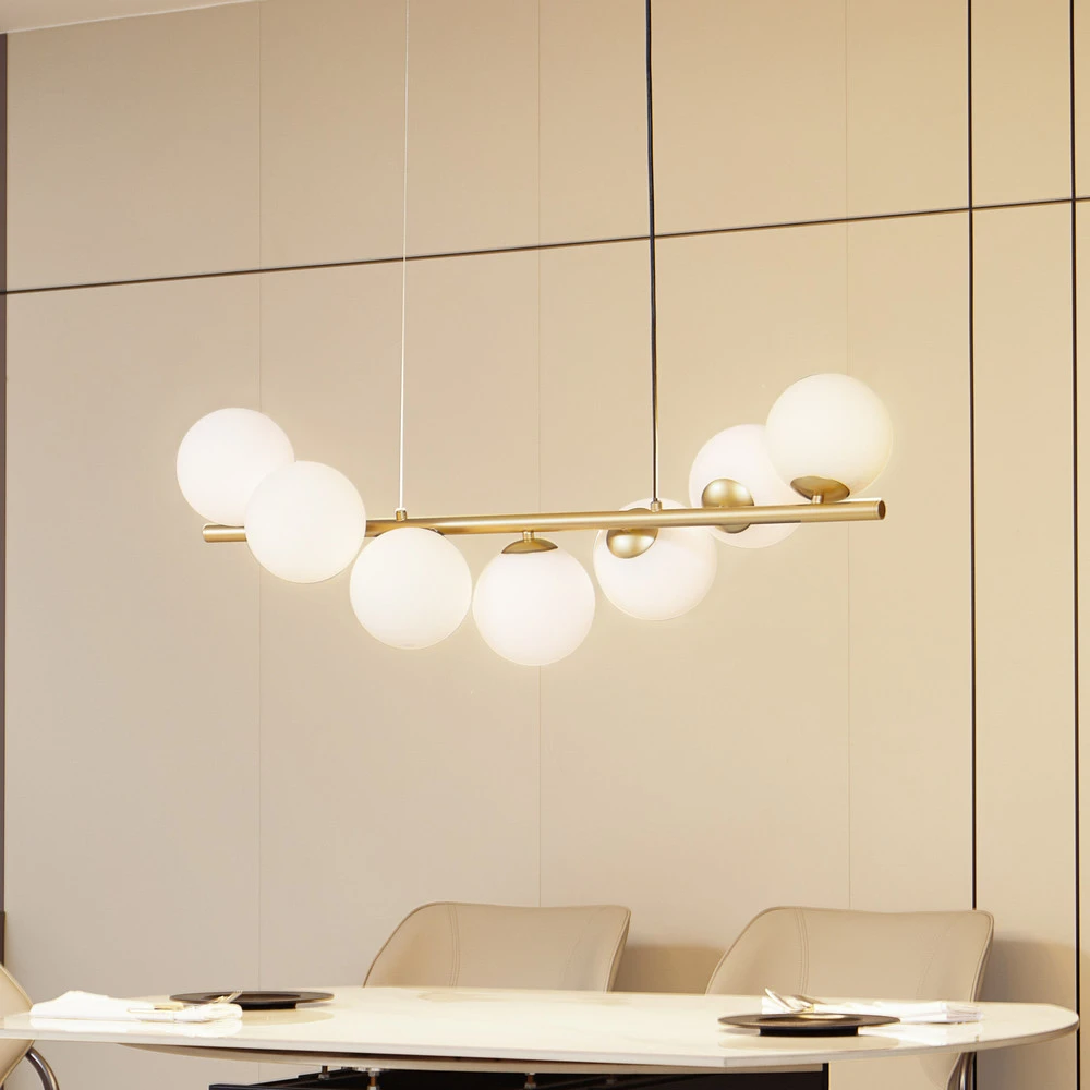 Luminaire de plafond à panneaux Lucande suspension Isandro, or / opale, à 7 lampes
