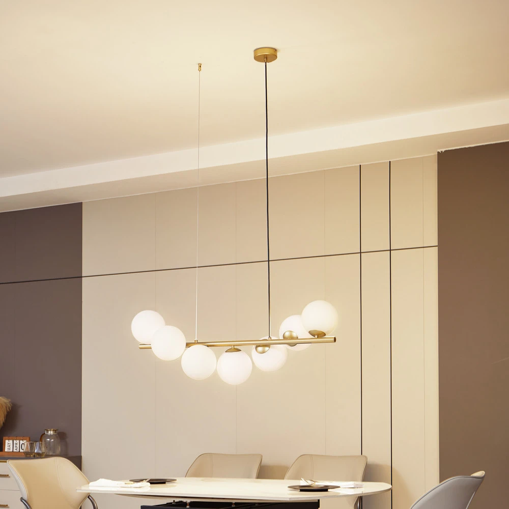 Luminaire de plafond à panneaux Lucande suspension Isandro, or / opale, à 7 lampes