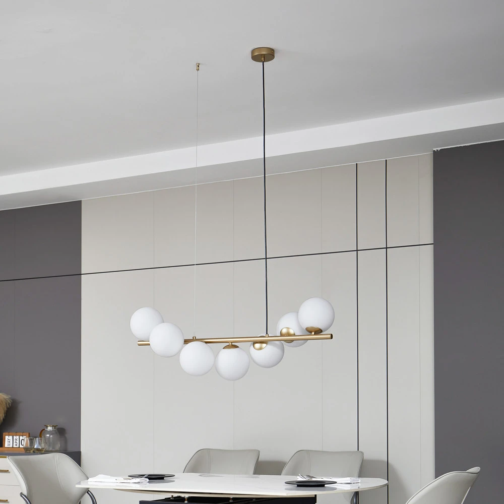 Luminaire de plafond à panneaux Lucande suspension Isandro, or / opale, à 7 lampes