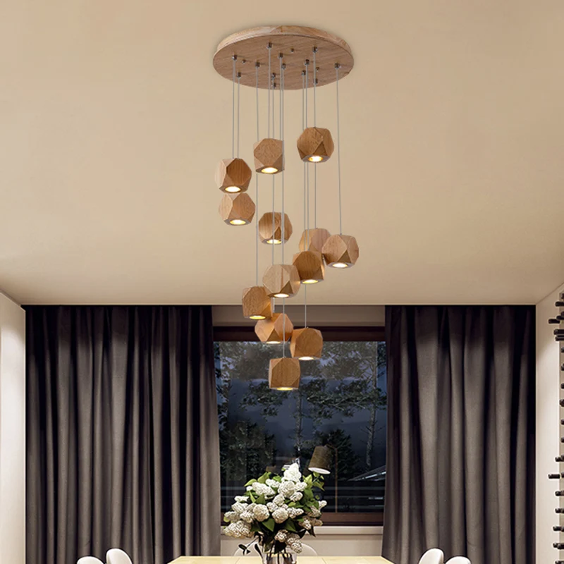 Luminaire suspendu contemporain en forme de grappe de LED en bois en spirale, luminaire de plafond à 10/13 têtes pour le s...
