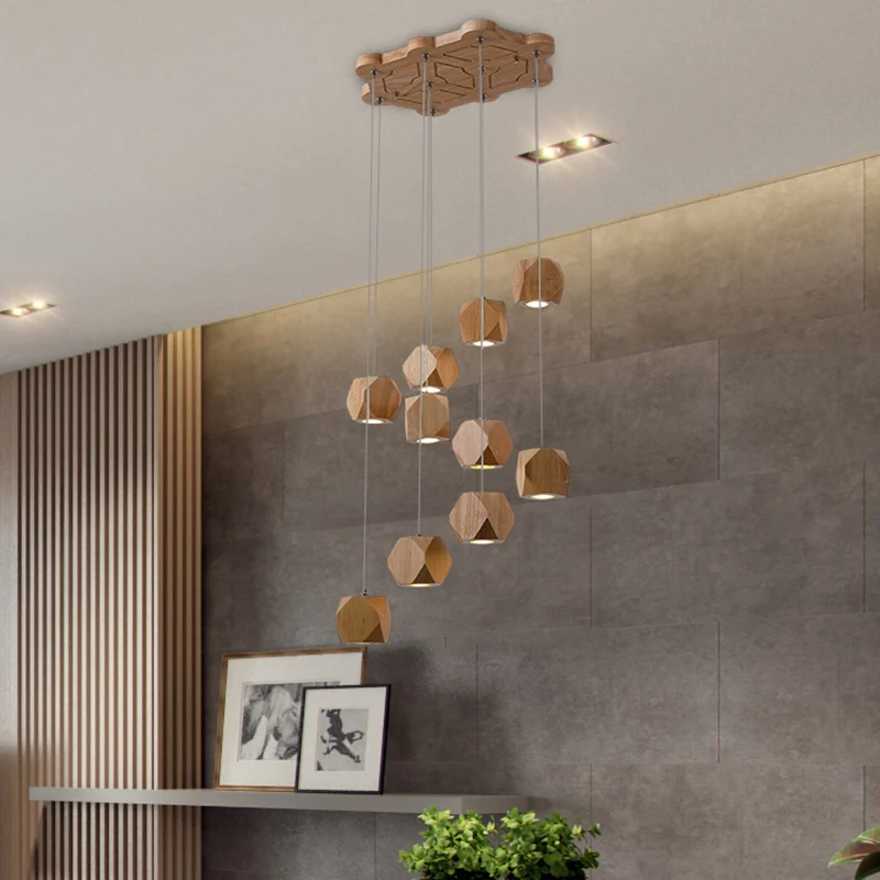 Luminaire suspendu contemporain en forme de grappe de LED en bois en spirale, luminaire de plafond à 10/13 têtes pour le s...