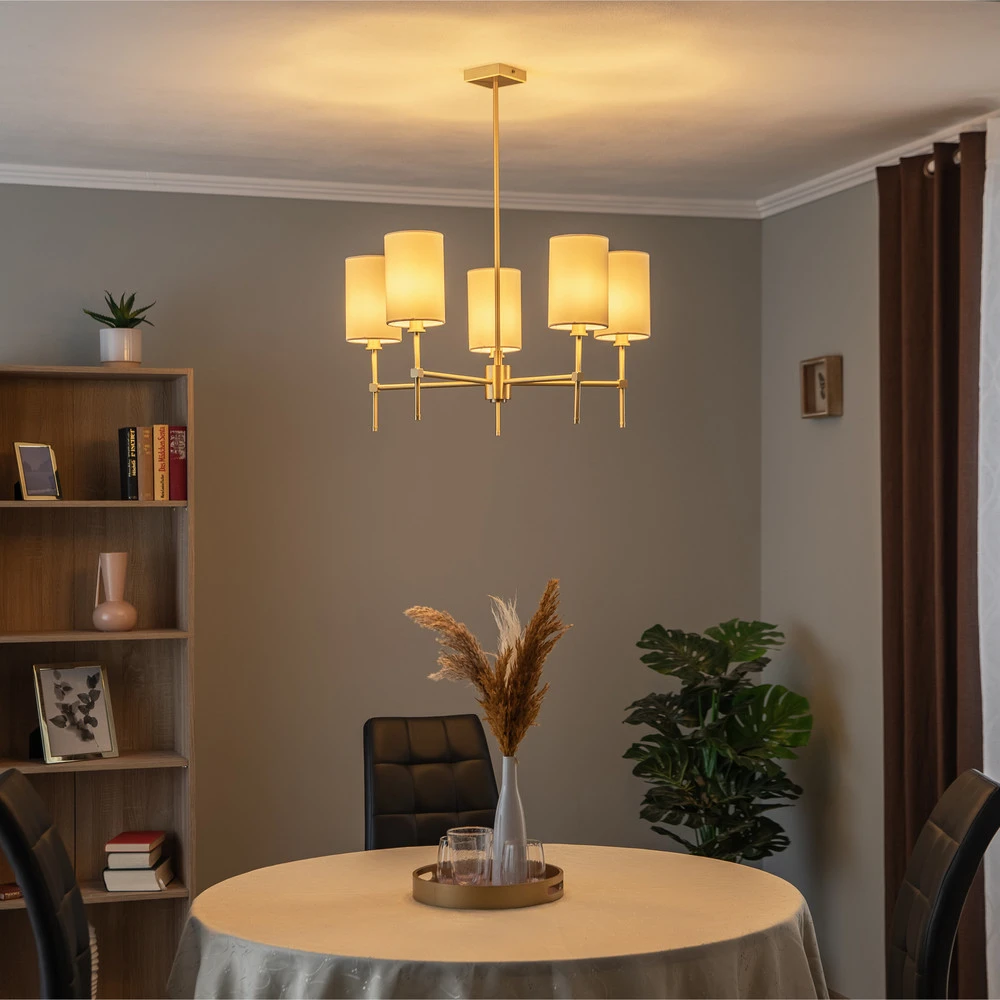 Lustre Azzi abat-jour tissu à cinq lampes blanc pour plafonds suspendus