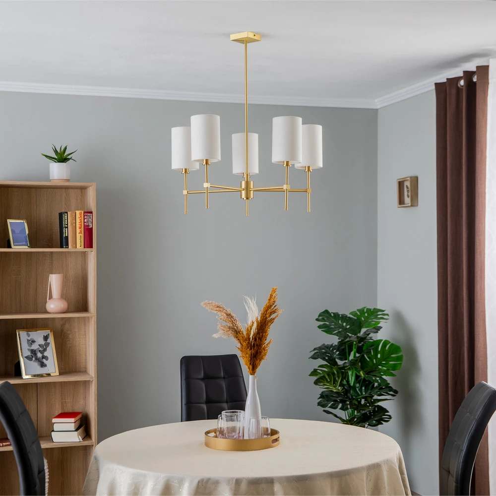 Lustre Azzi abat-jour tissu à cinq lampes blanc pour plafonds suspendus
