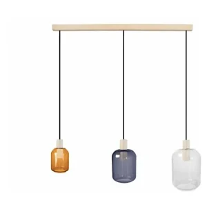 Lustre barre bois 3 pendels verre multicolore 100 cm.. (Carré 30x30cm)
