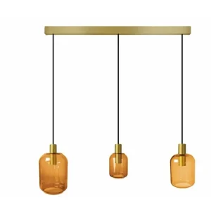 Lustre barre doré 3 pendels verre ambre100 cm.. | Garantie 2 Ans