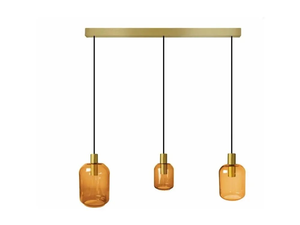 Lustre barre doré 3 pendels verre ambre100 cm.. | Garantie 2 Ans