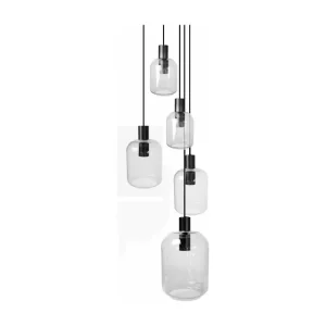 Lustre noir 5 pendels verre translucide 100 cm..