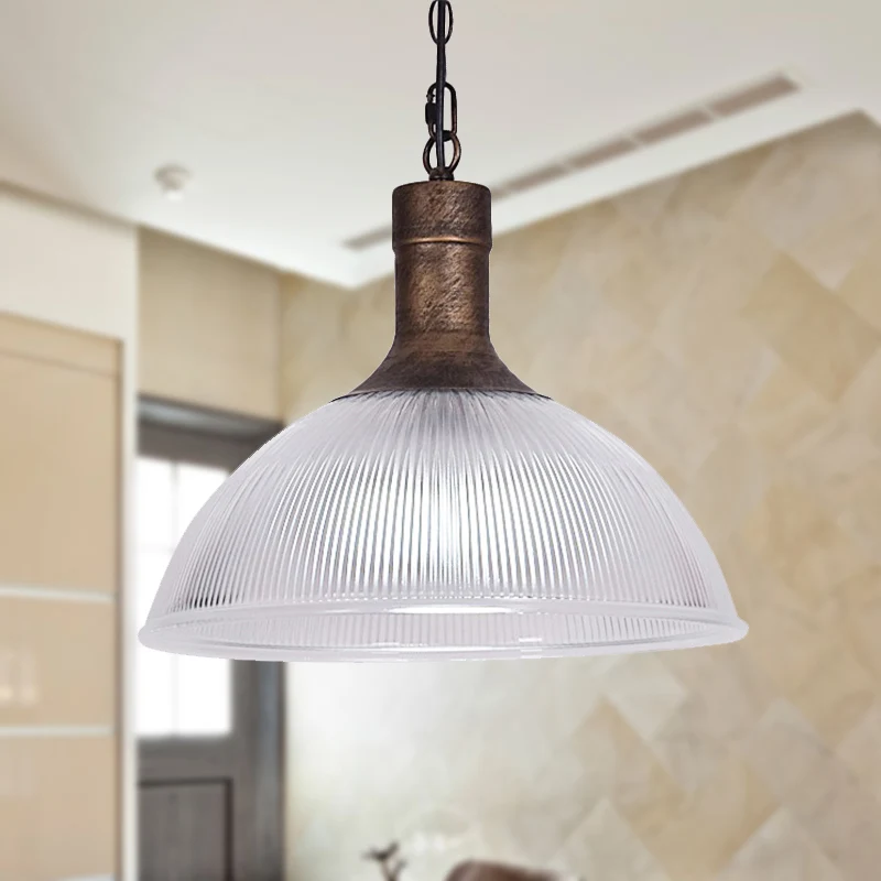 Plafonnier à dôme industriel en verre nervuré, 1 lumière, luminaire suspendu pour salon, rouille/noir pour entrée et couloir