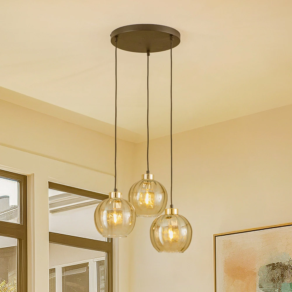 Plafonnier à lumière directionnelle Suspension Devi, ambrée, à 3 lampes, ronde