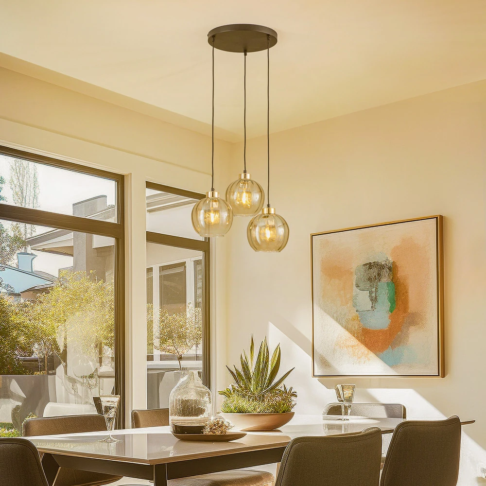 Plafonnier à lumière directionnelle Suspension Devi, ambrée, à 3 lampes, ronde