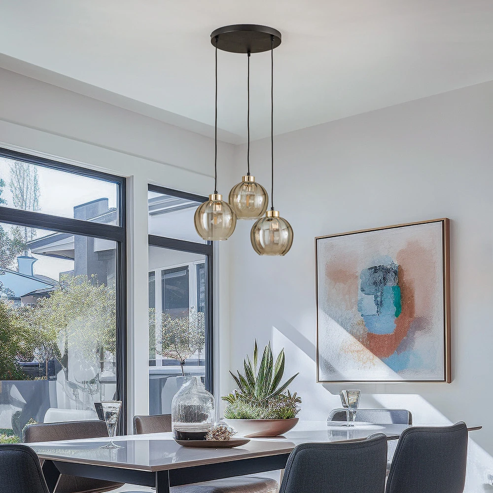 Plafonnier à lumière directionnelle Suspension Devi, ambrée, à 3 lampes, ronde