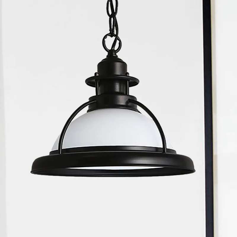 Plafonnier suspendu noir à une lumière, Rétro, dôme en verre blanc/vert, éclairage suspendu pour salle à manger