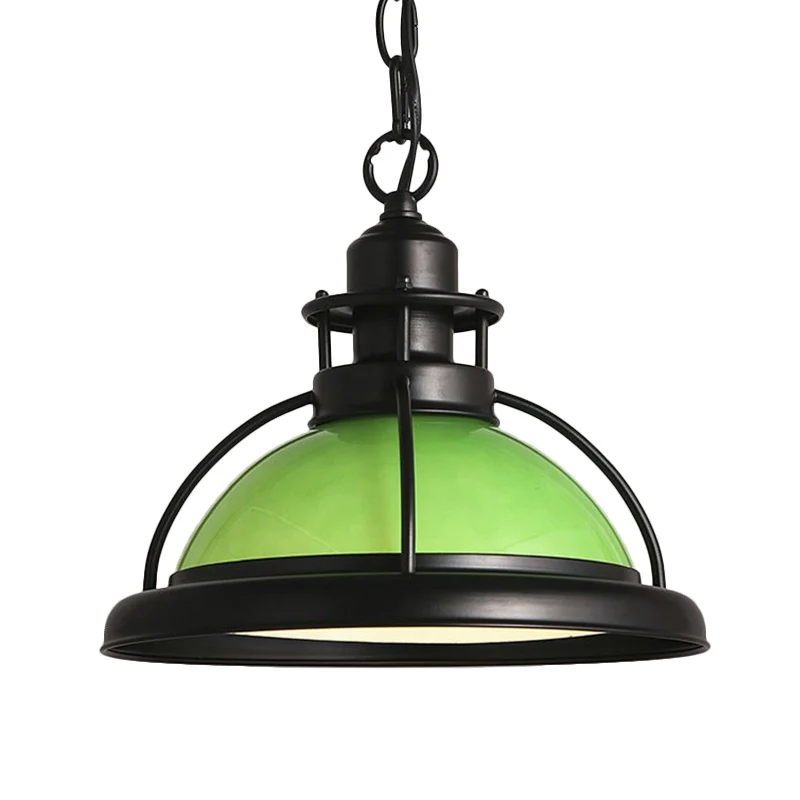 Plafonnier suspendu noir à une lumière, Rétro, dôme en verre blanc/vert, éclairage suspendu pour salle à manger