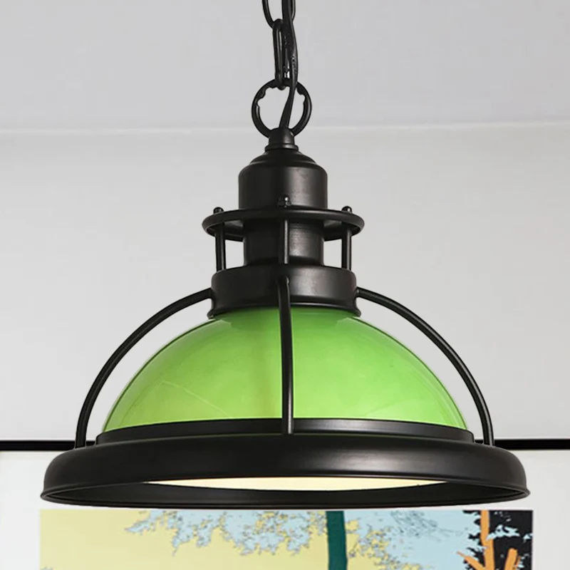 Plafonnier suspendu noir à une lumière, Rétro, dôme en verre blanc/vert, éclairage suspendu pour salle à manger