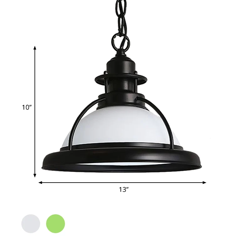 Plafonnier suspendu noir à une lumière, Rétro, dôme en verre blanc/vert, éclairage suspendu pour salle à manger