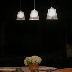 Plafonnier à Suspension Moyenne Richmond Verre Cannelé - Nickel Poli avec LED intégrée non remplaçable