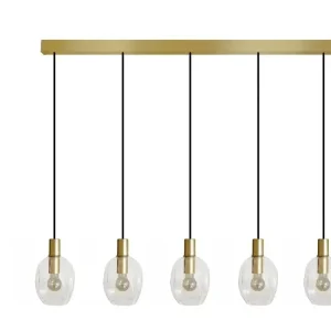 Plafonnier à suspension réglable Lustre barre doré 5 pendels verre bullé diaphane 100 cm..