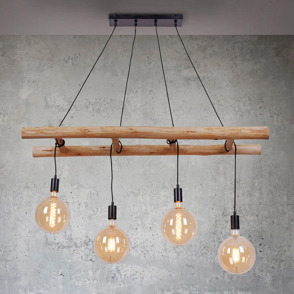 Plafonnier à suspension réglable Suspension Edgar en bois, à 4 lampes