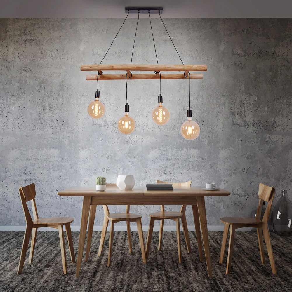 Plafonnier à suspension réglable Suspension Edgar en bois, à 4 lampes