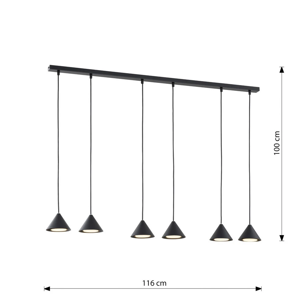 Plafonnier à suspension réglable Suspension Elit, 6 lampes, noir, métal