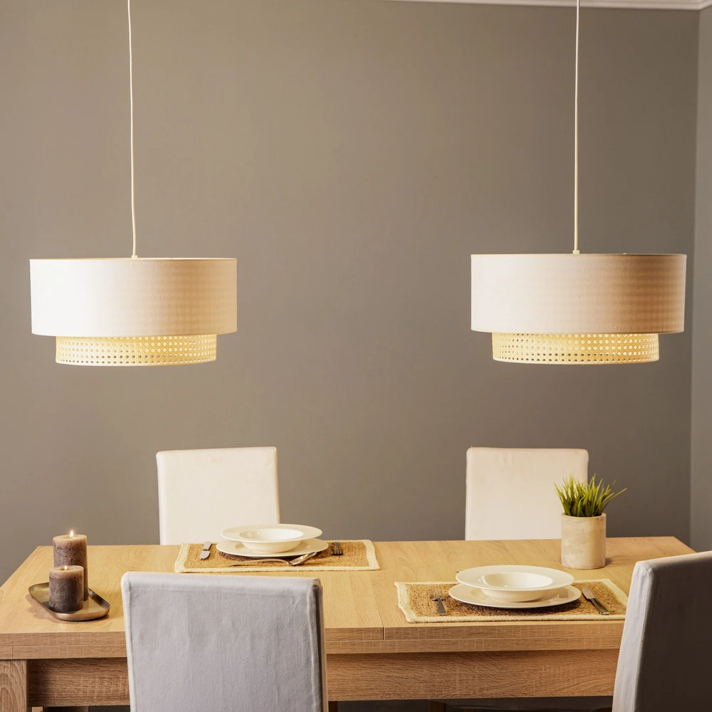 Plaque de plafond LED Suspension Boho 2 lampes tissu crème-blanc/rotin